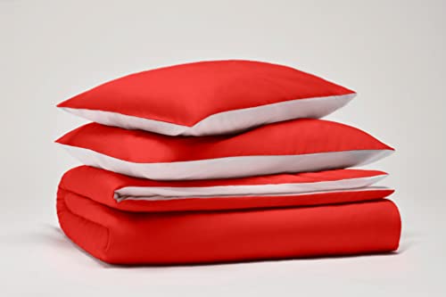 SWEET HOME Pantone™ Double Duvet Cover Set 255 x 200 cm, 100% Cotton Percalle 200 Threads - 2 Squares, Double-Faced, Red/White