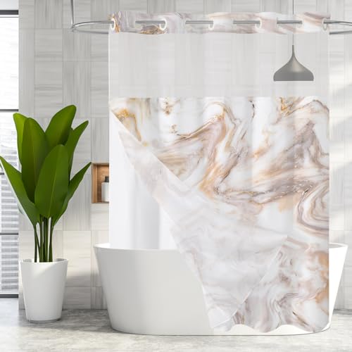 MitoVilla Rose Gold Marble Long Shower Curtain 72 x 80, No Hooks Required 80 inch Long Fabric Cloth Shower Curtain Set with Cloth Snap-in Liner for Modern Hotel Bathroom Decor