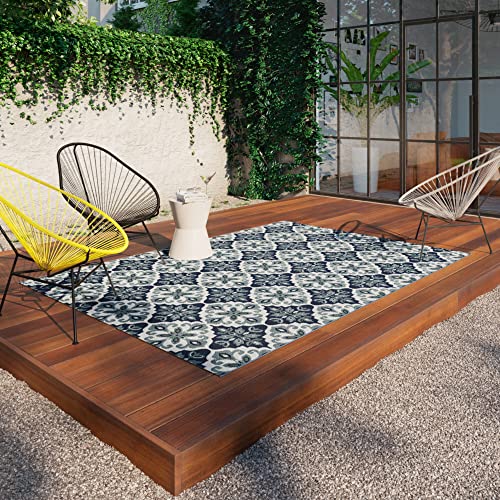 BALTA Outdoor Rug Flat Weave Rug Ideal for Outside on the Patio or Indoor in a Living Room - Bedroom, Machine Woven, Cement Tile Pattern, Polypropylene, 80 x 150 cm, Blue