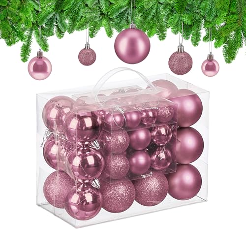 Relaxdays Christmas Baubles, Set of 50, Tree Ornaments, Holiday Decorations, Plastic, Glittery, Matte & Shiny, Pink, 3 Sizes
