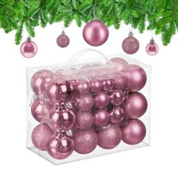 Relaxdays Christmas Baubles, Set of 50, Tree Ornaments, Holiday Decorations, Plastic, Glittery, Matte & Shiny, Pink, 3 Sizes