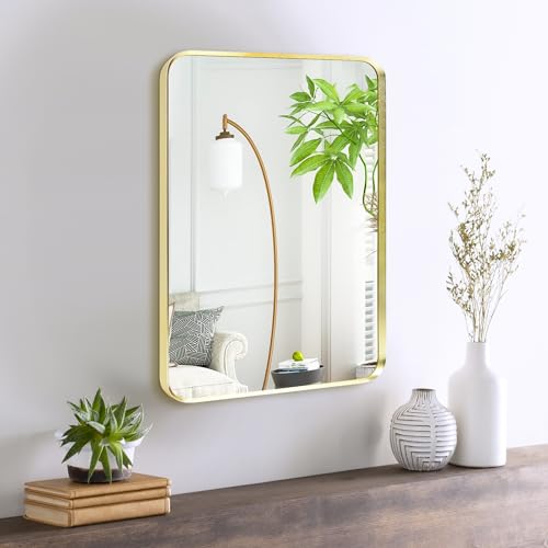 "Minuover Wall Mount Mirror for Bathroom, Brushed Gold Metal Framed Rounded Corner Rectangular Vanity Mirror (18"" x 24"", Gold)"