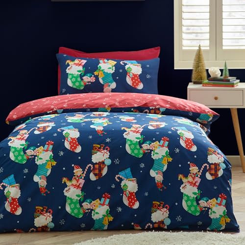Catherine Lansfield Christmas Elves Cotton Rich Junior Duvet Cover Set with Pillowcase Navy Blue