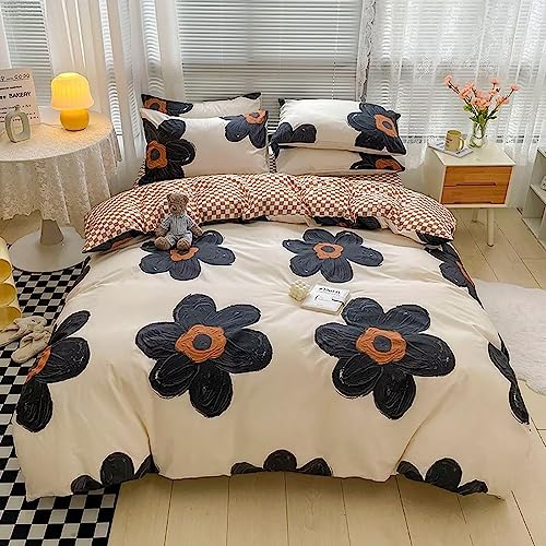 Houseri Black and White Floral Comforter Set Full for Teen Girls Kawaii 3D Sunflower Bedding Comforters Sets Full Size Black Botanical Comforter Cute Relief Print Beige Brown Plaid Bedding Sets Full