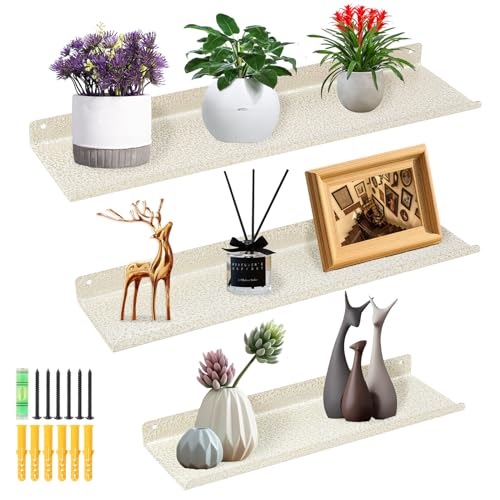 Uten Floating Shelves, Rustic Iron Wall Shelves Set of 3, Decorative Photo Book Display Shelves for Bedroom, Living Room, Kitchen, Bathroom and Office, White with Gold Specks