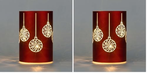 SHATCHI 17cm Christmas Decorated Vase Table Lamp Etched Glass Tube Xmas Red Cylinder LED Fairy Lights Battery Operated Table Decoration (Pack of 2)