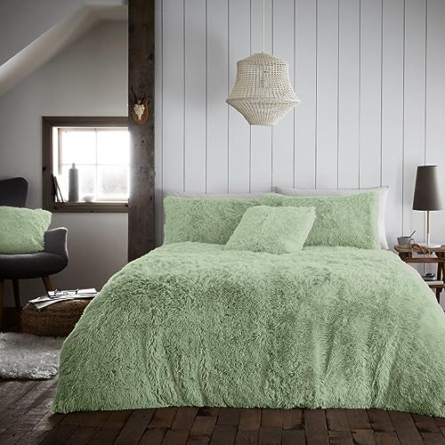 GC GAVENO CAVAILIA Easy Care Fluffy Fur Duvet Cover Set, Hug & Snug Warm Bedding Sets King Size, Cuddly Bed Covers, Green