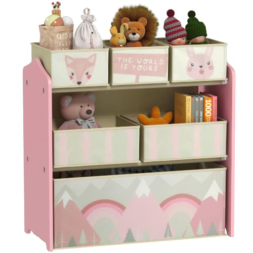 ZONEKIZ Kids Storage Unit with 6 Fabric Bins Bedroom 63 x 30 x 66cm Pink - Childrens Toy Storage Organiser, Nursery