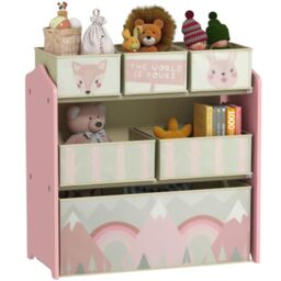 ZONEKIZ Kids Storage Unit with 6 Fabric Bins Bedroom 63 x 30 x 66cm Pink