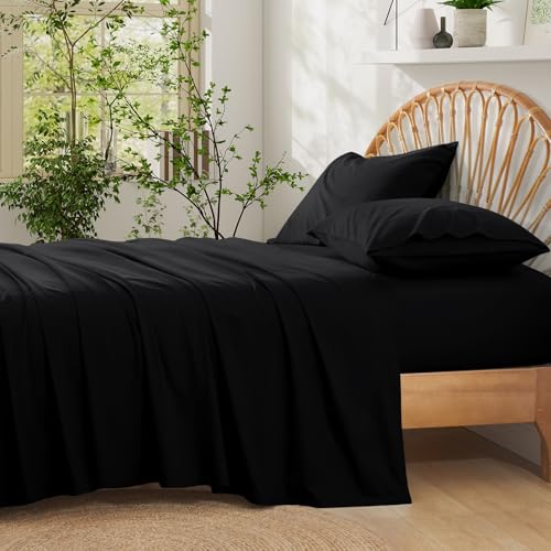 Entisn Pure Cotton Sheets King Size Bed Set 4 Pieces, 16 Inch Deep Pocket Solid Cotton Sheet Set with All Around Elastic for Snug Fit, All Seasons Breathable & Soft Twin Bedding, Black