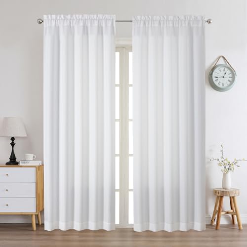 Chyhomenyc White Curtains 90 Inch Length 2 Panels Set, Faux Linen Textured Semi Light Filtering Soft Airy Farmhouse Window Curtain Drapes for Living Room Bedroom, 50Wx90L