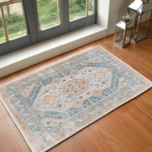 Livabliss Alka Enefis Machine Washable Floor Covering 66x115 cm – Vintage Boho Pattern for Living Room, Kitchen, Outdoor & Hallway, Easy Care, Blue, Brown & Beige