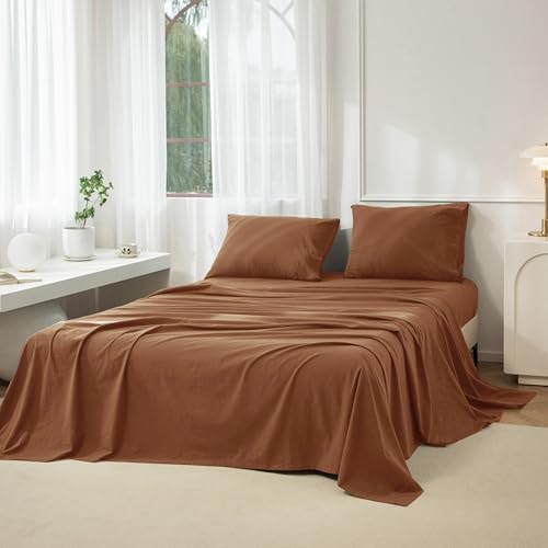 "JIYUAN Queen Washed Cotton Sheet Set, 4-Piece, Relaxed Linen Feel - Deep Pocket Fits Mattresses up to 17"". Flat Sheet & 2 Pillowcases. Naturally Soft & Breathable. Machine Washable."