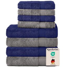Komfortec Set of 8 Hand Towels 100% Cotton, 4 Bath Towels 70 x 140 cm and 4 Hand Towels 50 x 100 cm, Terry Cloth, Soft, Towel, Large, Anthracite Grey/Navy Blue