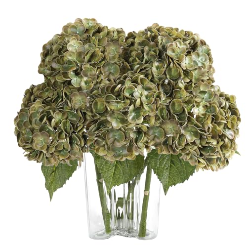 Coferset 4Pcs Olive Green Hydrangea Artificial Flowers Lifelike Faux Hydrangea Real Touch Fake Flowers for Home Wedding Christmas Office Party Living Room Decoration,22inch