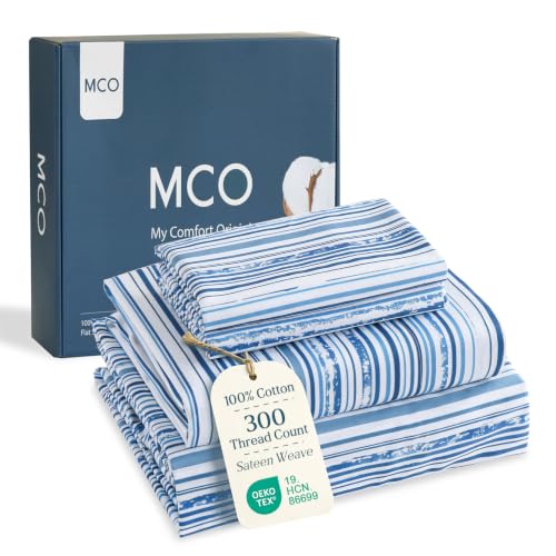 "MCO 100% Cotton Sheet Set Floral Printed, 300 Thread Count King Sheet Set Cotton, 16"" Deep Pocket, Breathable Cooling Sheets 4 Pieces (King, Blue Stripes)"
