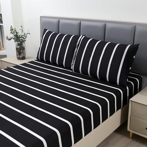 MAG 3pcs Striped Bed Sheet, Black and White Pattern Microfiber Bedding Sheet Set with with1 Fitted Sheet and 2 Pillowcases, 14 Inches Deep (Blue, Twin)