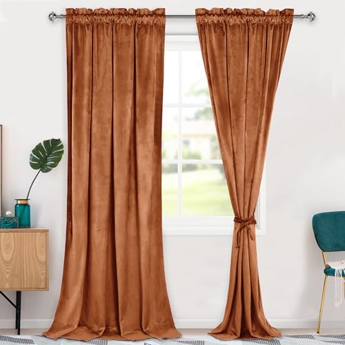 Hiasan Velvet Curtains 96 inch Blackout Rod Pocket Thermal Insulated Soft Curtains Room Darkening Window Drapes with Tiebacks for Bedroom Living Room, Set of 2 Panels, 42W x 96L, Terracotta Red