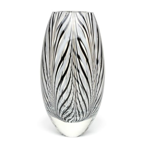 Ca D Oro Murano Style Glass Vase Black and White Feather Pattern Hand Blown Art Glass for Flower, Room Decoration and Centerpiece - Model 54 MS