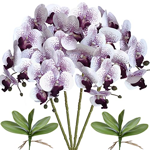 FagusHome Artificial Orchid Plant, 32'' Purple Core, 4 Pcs with 2 Bundles Leaves, Fake Butterfly Phalaenopsis Flowers for Home Decor