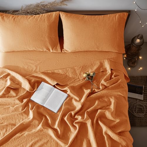 "LBRO2M 100% Linen Sheet Set 16"" Deep Pocket King Size,Bed Sheets 4 Piece Sets,Solid Color Natural Flax Bed Sheets Soft Breathable Bedding, All Season (King, Orange)"