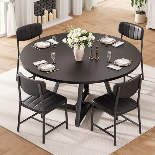 Jocoevol Round Dining Table and 4 Chairs Set of 4, Circle Dinner Table with Metal Frame, Space Saving Wood Industrial Furniture (Black, 42 inch)
