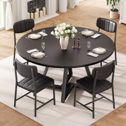 Jocoevol Round Dining Table and 4 Chairs Set of 4, Circle Dinner Table with Metal Frame, Space Saving Wood Industrial Furniture (Black, 42 inch)