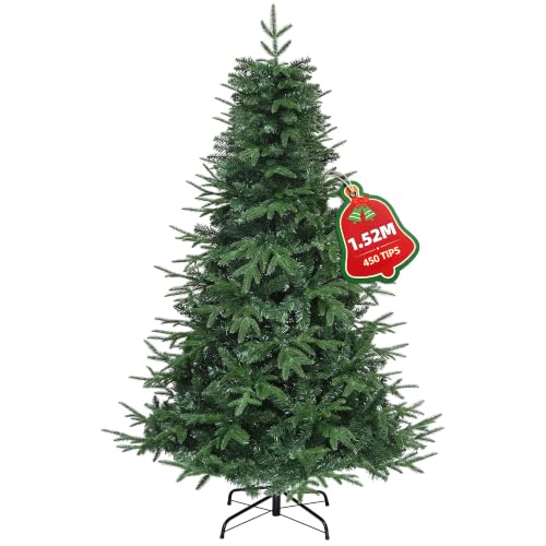 DWVO 152 cm Artificial Christmas Tree, Folding System Frame & Metal Stand - Approx. 450 PE injection moulded and PVC tips, lifelike Christmas tree, quick assembly for home shops, 152 x diameter 75 cm