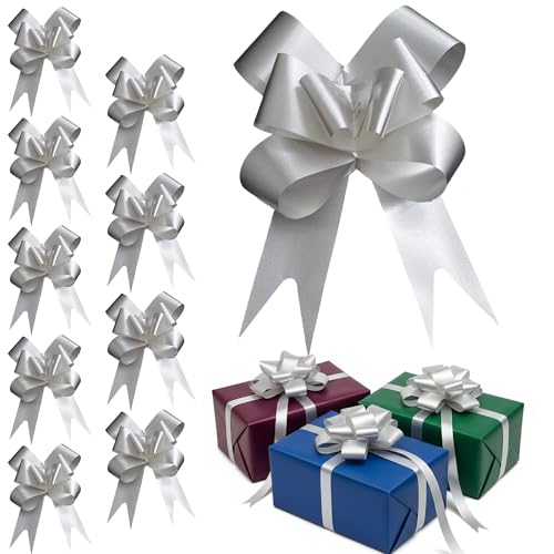 40pcs Silver 30mm/3cm Large Ribbon Pull Bows for Party Wall, Gift Wraps, Christmas Trees, Wedding, Birthday Hampers Decoration Florist Pullbows
