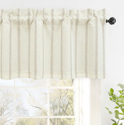 DriftAway Farmhouse Linen Valance Rod Pocket 1 Panel, W52xL18, Camel Beige - 2 Layers, Lined, Room Darkening, Vertical Striped, Thermal Insulated, Window Treatment, Home Decor, Kitchen, Living Room