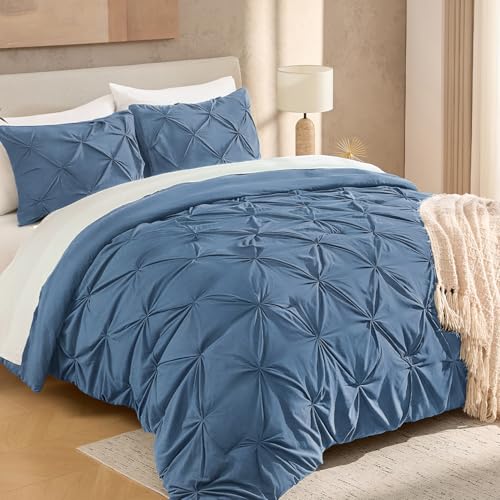 "Andency Full Pinch Pleat Ocean Blue Comforter Set 3 Piece Bedding - Lightweight Comforter with 2 Pillow Shams,79""x90"", Pintuck Fluffy, All Season Use, Boho Cute Style for Bedroom"