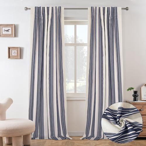 DriftAway Chris Blackout Curtain 2 Panels Back Tab, W52xL102, Dark Blue - Blackout, Linen Texture, Stripe Pattern, Two Layers, for Bedroom Living Room Nursury, Thermal Insulated Lined