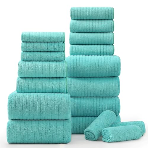 18 Piece Bath Towels Set,Ultra Soft Family Bathroom Towel Set with Hanging Loops-6 Bath Towels,6 Hand Towels,6 Washcloths,Highly Absorbent Quick Dry Shower Towel for Bathroom,Hotel,Spa-Teal Towel Set