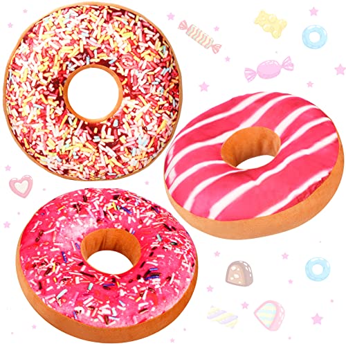 Queekay 3 Pieces Donut Round Throw Pillow 16 Inch Pink Donut 3D Digital Print Pillow Cute Doughnut Shaped Funny Pillows Soft Plush Food Stuffed Decor Comfortable Cushion for Floor Chair Couch
