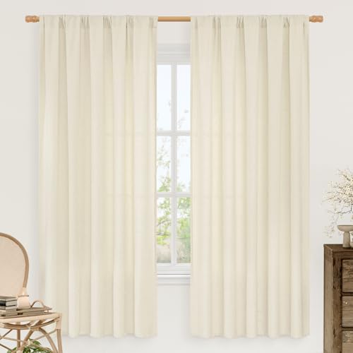 LAMIT Linen Curtains 72 inches Long for Living Room, Soft Thick Linen Privacy Light Filtering Rod Pocket Window Treatments Neutral Drapes for Bedroom, 2 Panels Set, 52 x 72 Inch, Beige