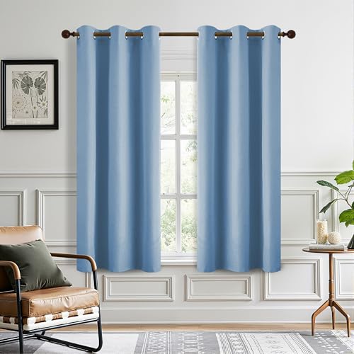 DONREN 100% Blackout Curtains 64 Inches Long Thermal Insulated, Soft Linen Grommet Blackout Drapes for Bedroom, 2 Panels 37Wx64L, Dusty Blue