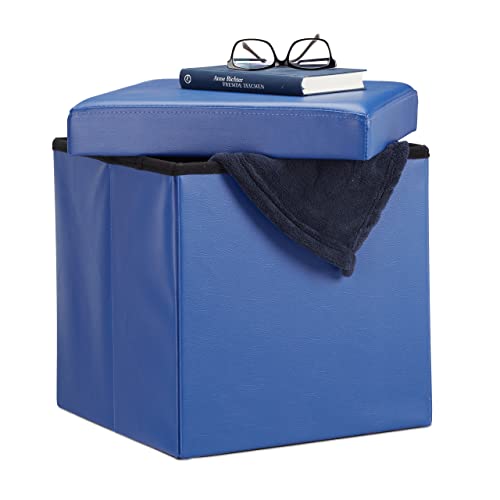 Relaxdays Folding Ottoman 38 x 38 x 38 cm Sturdy Storage Chair Pouf and Footstool, Faux Leather Box, Removable Lid, Blue