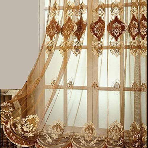 Amidoudou 1 Pair European Luxury Embroidered Sheer Curtains for Living Room Bedroom Tulle Curtains (Coffee,51x84 Inch)