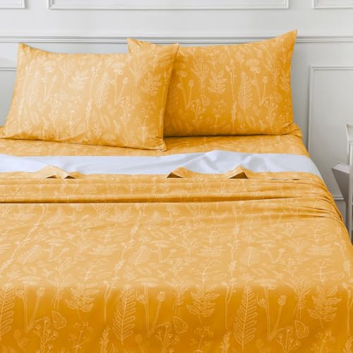 "Homilay 100% Organic Cotton Percale Sheets Set,Full Size 4 PC, Breathable&Durable Hotel Quality Bedding, 16"" Deep Pocket Botanical Floral Bedsheets,Yellow"