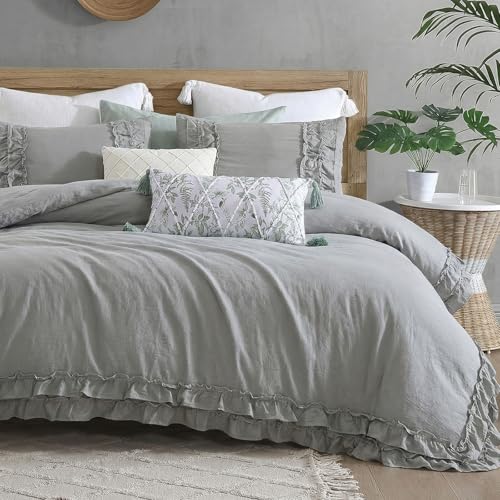 Bedorm Gray King Comforter Set Boho Ruffled Bedding Set Grey Ruffle Fringe Shabby Chic Bedding Super Soft Cozy Washed Microfiber Modern Ruffle Comforter with Pillowcases