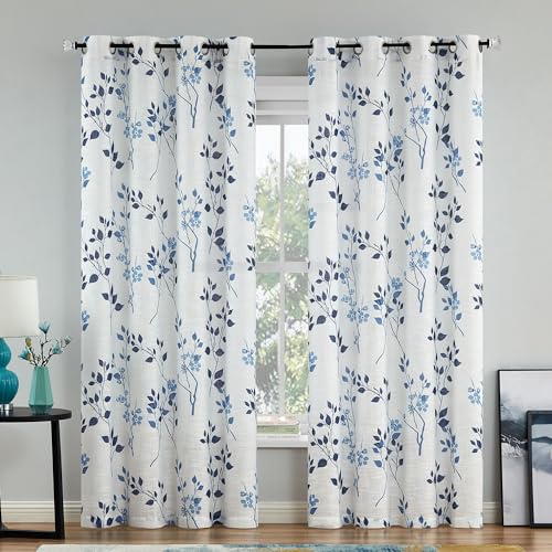 Beauoop Floral Linen Semi Sheer Curtains Living Room Blue Navy 50x84 2 Set - Farmhouse Flower Patterned Navy White Light Filtering Drapes for Bedroom 84 Inch Long Textured Window Treatment Grommet