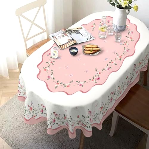 "Virtumob Valentine's Day Tablecloth Decoration Tablecloths, Pink Rose Rosette Butterfly Table Covers, Waterproof Table Cover for Dinner Kitchen Party Holiday Decor 54""x 72"" Oval"