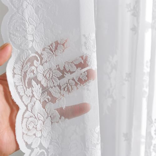 Kotile Lace Kitchen Curtains 45 Inch Length, Country Rustic Floral White Lace Curtains for Small Window, Rod Pocket Privacy Sheer Curtain, 42 x 45 Inch Each, 2 Panels, White