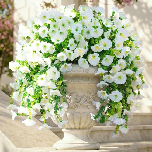 Ivydale 2 PCS Artificial Hanging Flowers Fake Plants Outdoor,Silk Morning Glory Faux Flowers with Eucalyptus Leaves,UV Resistant Realistic Hanging Petunias Plants for Home Garden Decor (Beige)