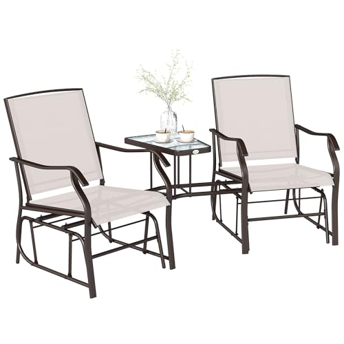Outsunny Outdoor Double Glider Rocking Chairs with Glass Top Middle Table, Metal Gliding Love Seat Conversation Furniture with Breathable Mesh Fabric Seat, for Garden, Patio, Brown