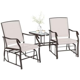Outsunny Outdoor Double Glider Rocking Chairs with Glass Top Middle Table, Metal Gliding Love Seat Conversation Furniture with Breathable Mesh Fabric Seat, for Garden, Patio, Brown