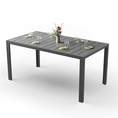 JUMMICO HDPS Wood Grain Garden Dining Table, Heavy Duty Weatherproof Aluminium Outdoor Table, Easy Maintenance, Seats 4-6 People, for Patio, Garden - Grey 150x80x72cm