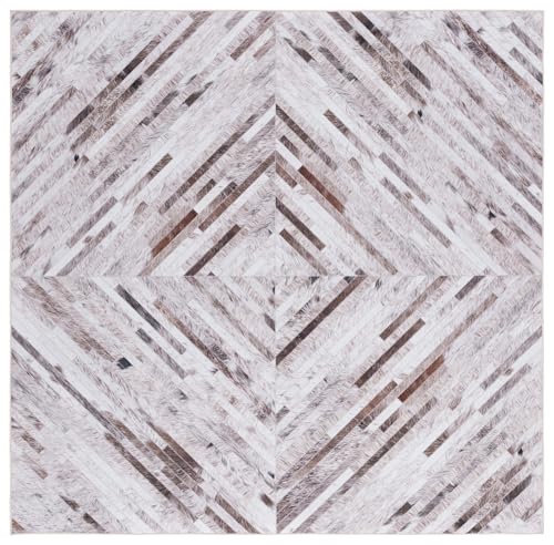 Safavieh Geometric Rug Living Room, Dining Room, Bedroom - Machine Washable and Non Slip - Faux Hide Collection, Short Pile, in Beige and Brown, 183 X 183 cm