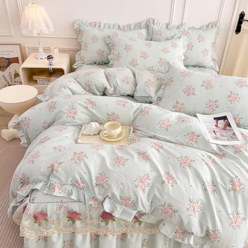 AMZTOP King Size Blue Floral Duvet Cover with Ruffle 100% Cotton Rustic Aesthetic Comforter Cover,All Season Lightweight Breathable Bedding Set with Zipper Closure.1 Duvet Cover and 2 Pillowcases