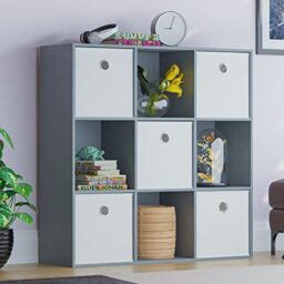 Vida Designs Durham Cube Bookcase Storage Organiser Living Room Bookshelf Home Office Furniture (9 Cube & 5 White Baskets, Grey)